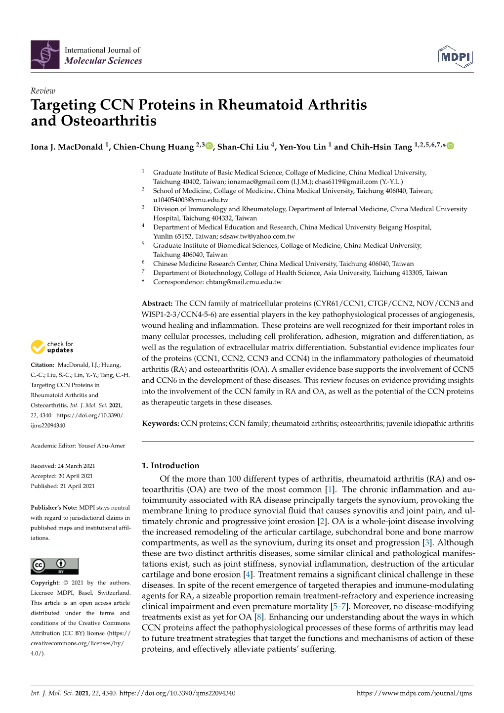 Targeting CCN Proteins in Rheumatoid Arthritis and Osteoarthritis