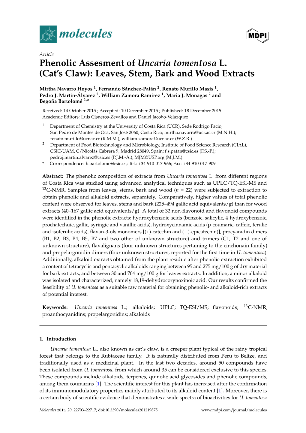 Phenolic Assesment of Uncaria Tomentosa L. (Cat's Claw)