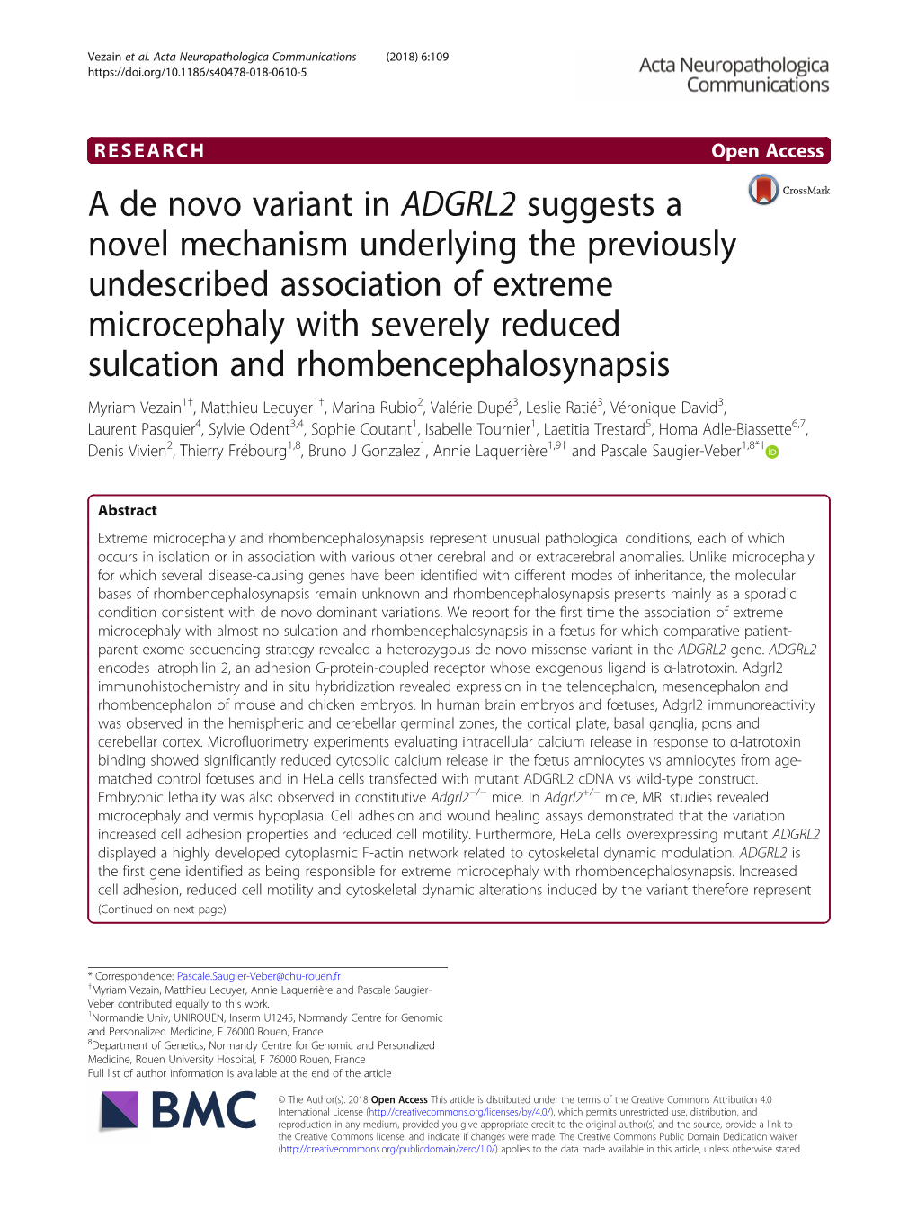 A De Novo Variant in ADGRL2 Suggests a Novel Mechanism Underlying the Previously Undescribed Association of Extreme Microcephaly