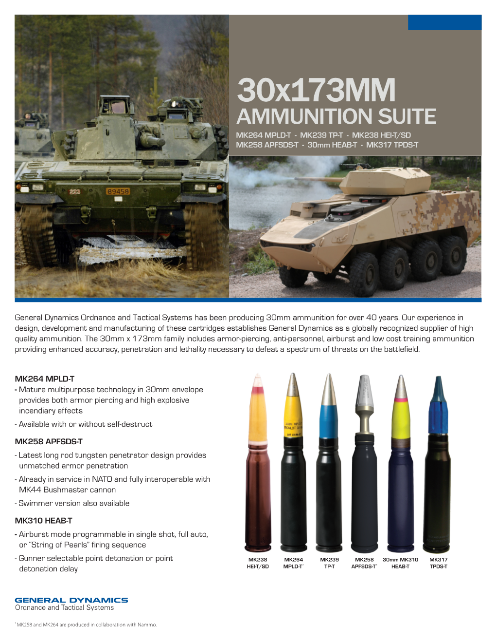 30X173mm AMMUNITION SUITE MK264 MPLD-T - MK239 TP-T - MK238 HEI-T/SD MK258 APFSDS-T - 30Mm HEAB-T - MK317 TPDS-T