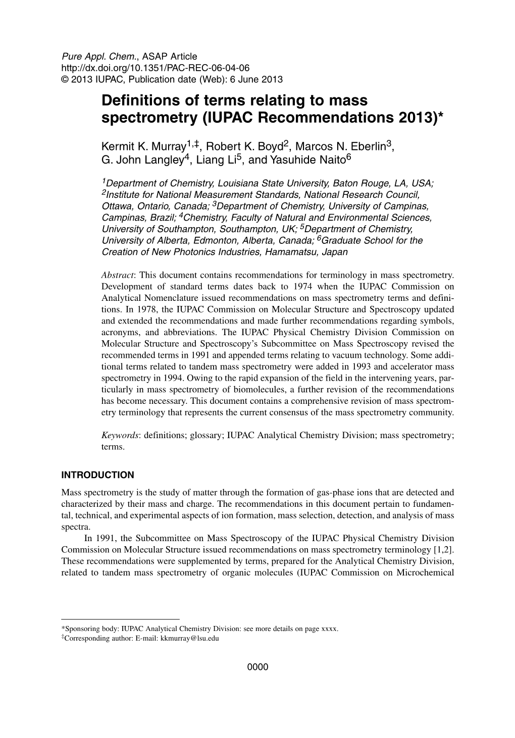 Definitions of Terms Relating to Mass Spectrometry (IUPAC Recommendations 2013)*