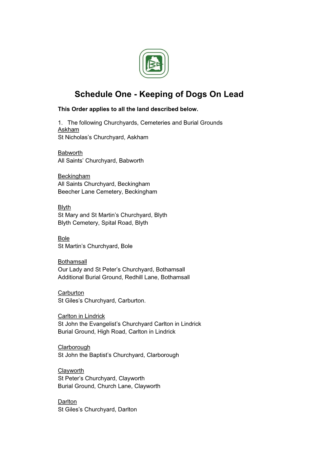 Schedule One - Keeping of Dogs on Lead