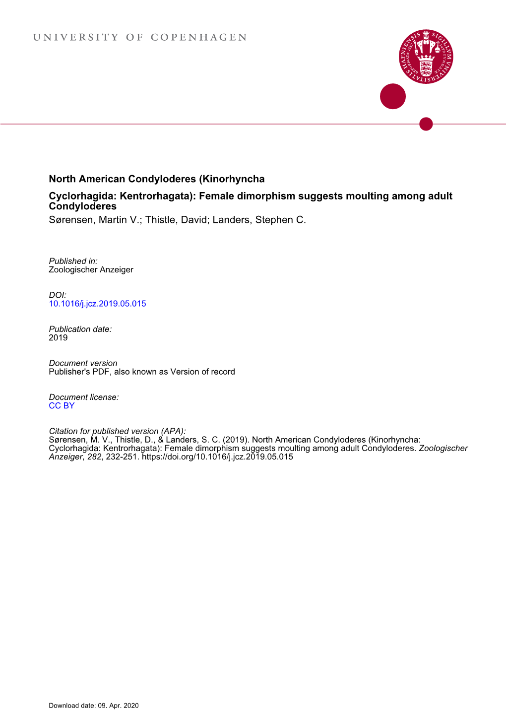 Kinorhyncha: Cyclorhagida: Kentrorhagata): Female Dimorphism Suggests Moulting Among Adult Condyloderes