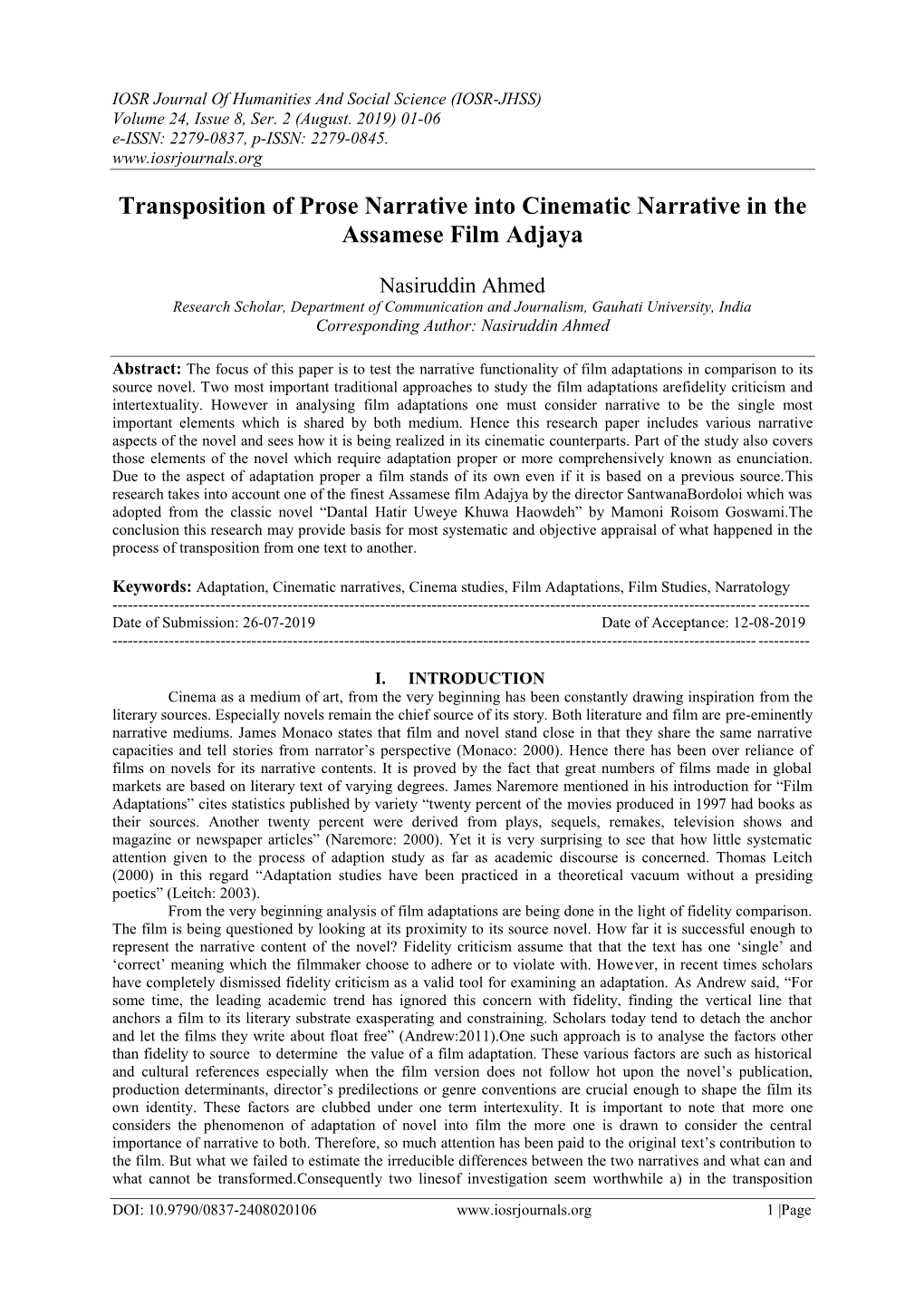 Transposition of Prose Narrative Into Cinematic Narrative in the Assamese Film Adjaya