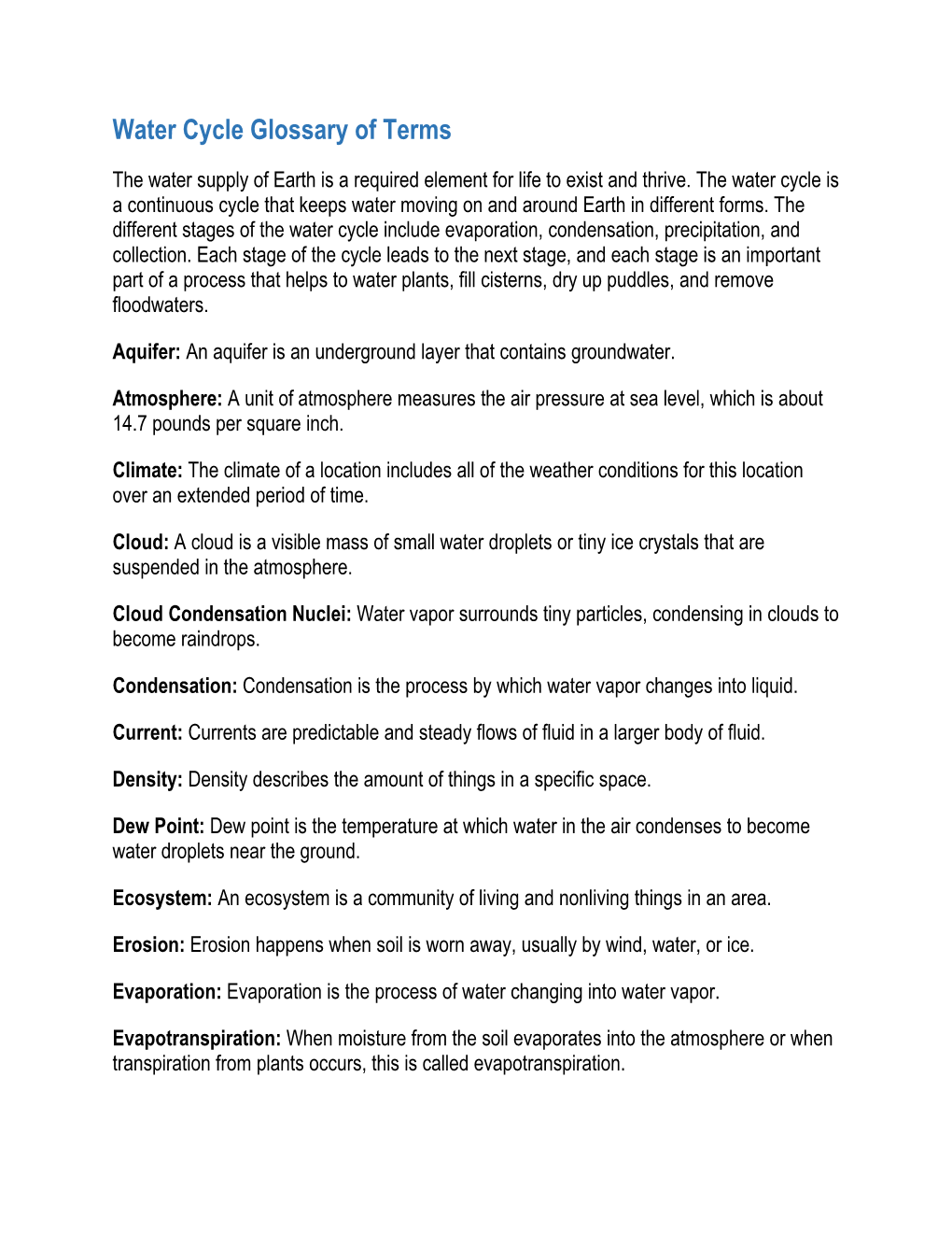 Water Cycle Glossary of Terms