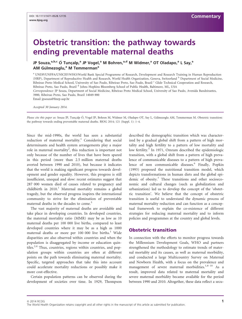 Obstetric Transition: the Pathway Towards Ending Preventable Maternal Deaths