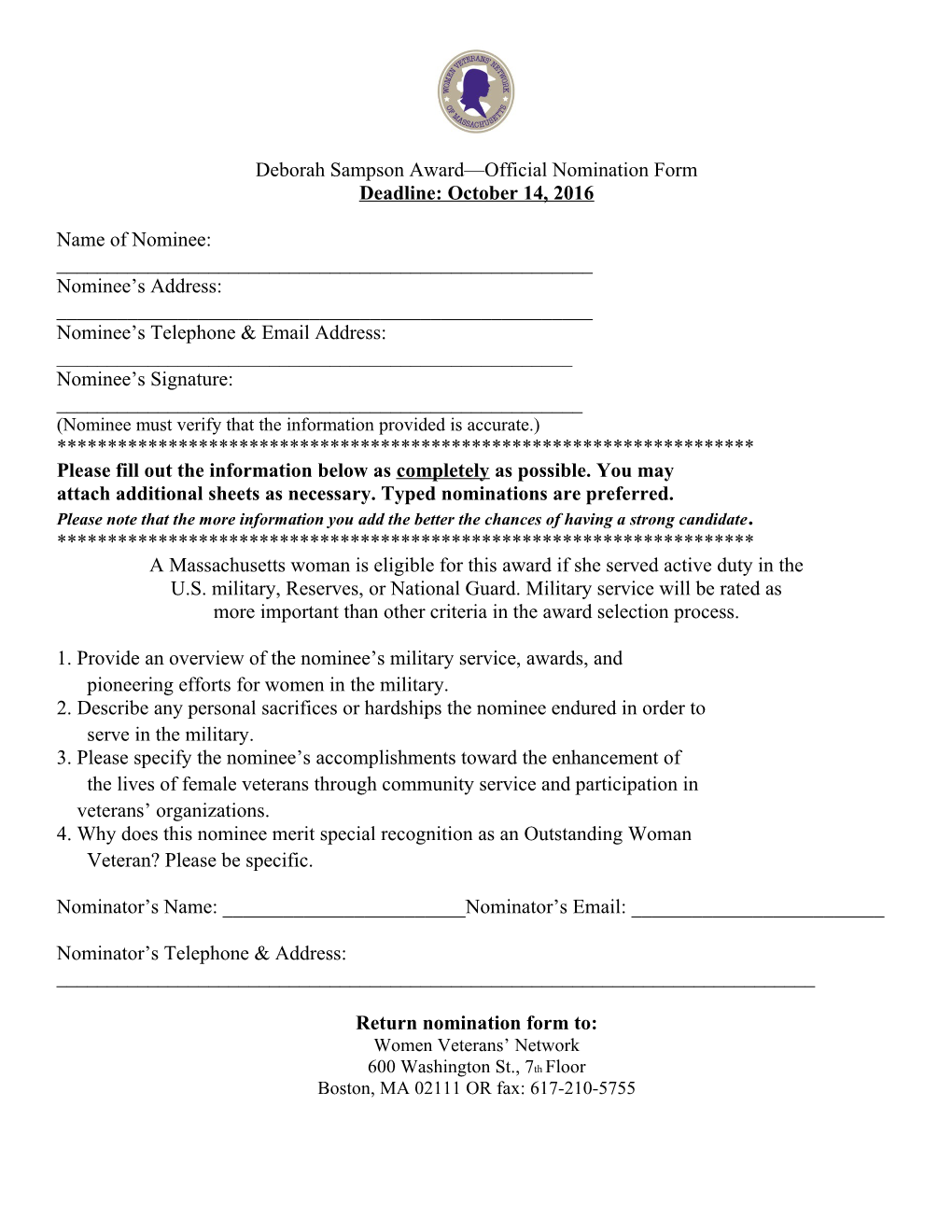 Deborah Sampson Award Official Nomination Form