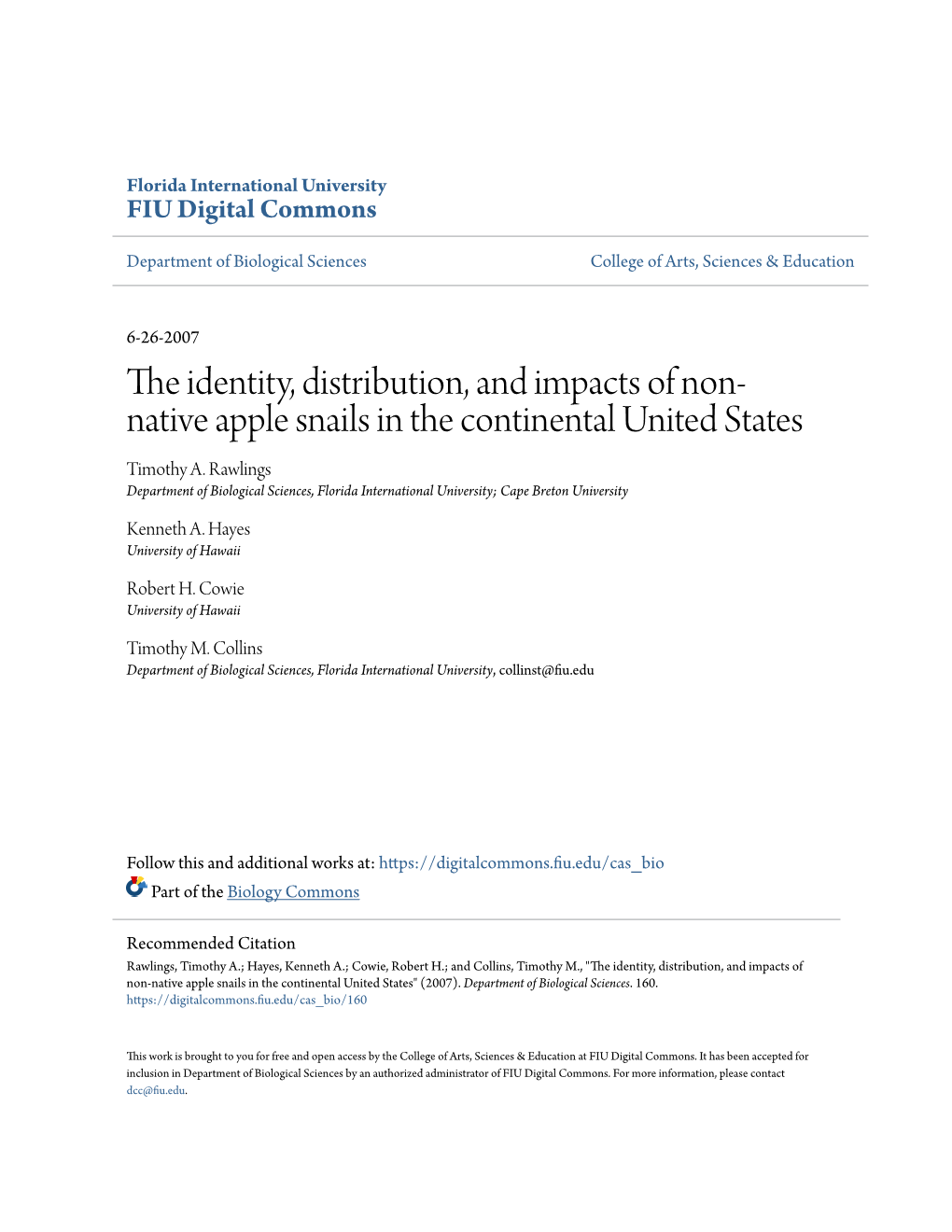 The Identity, Distribution, and Impacts of Non-Native Apple Snails in the Continental United States