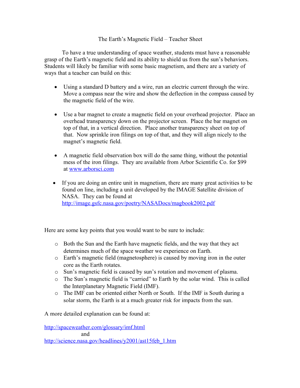 The Earth S Magnetic Field Teacher Sheet