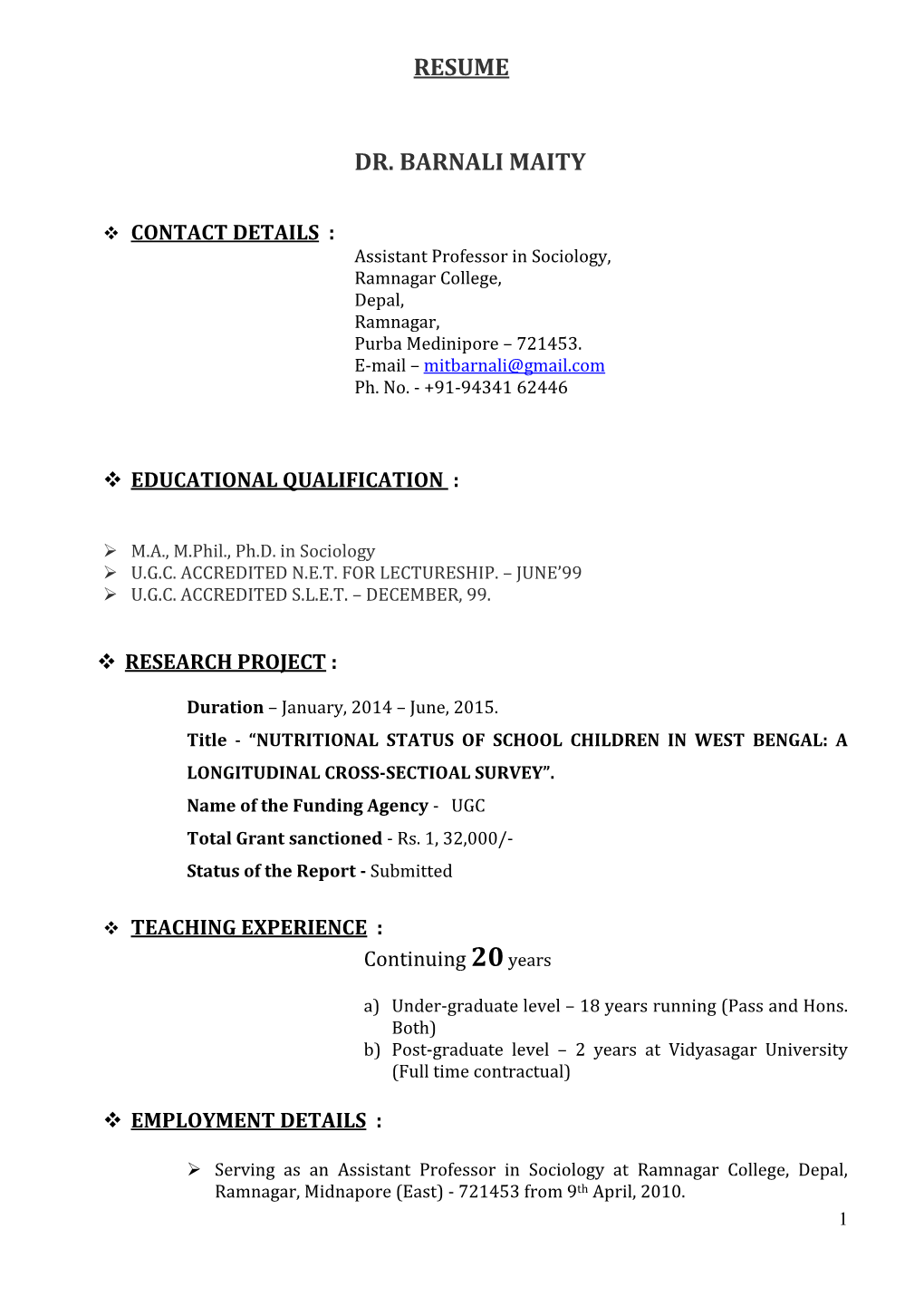 Resume Dr. Barnali Maity