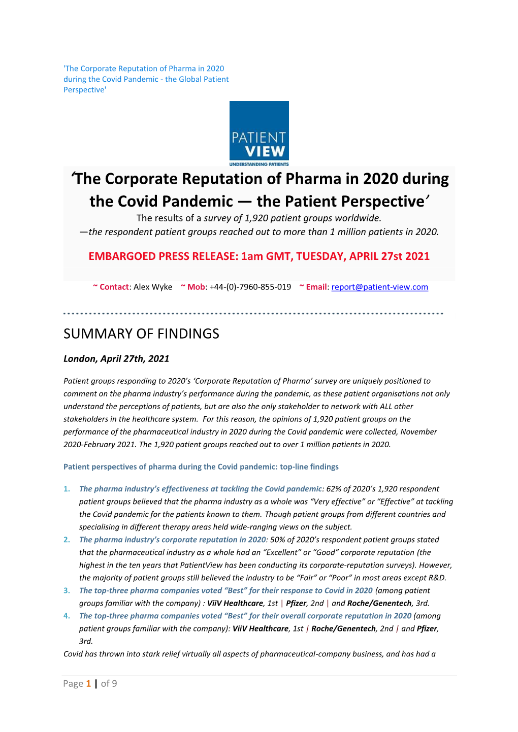 The Corporate Reputation of Pharma in 2020 During the Covid Pandemic - the Global Patient Perspective'
