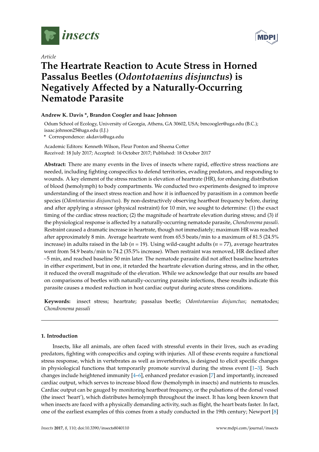 The Heartrate Reaction to Acute Stress in Horned Passalus Beetles (Odontotaenius Disjunctus) Is Negatively Affected by a Naturally-Occurring Nematode Parasite