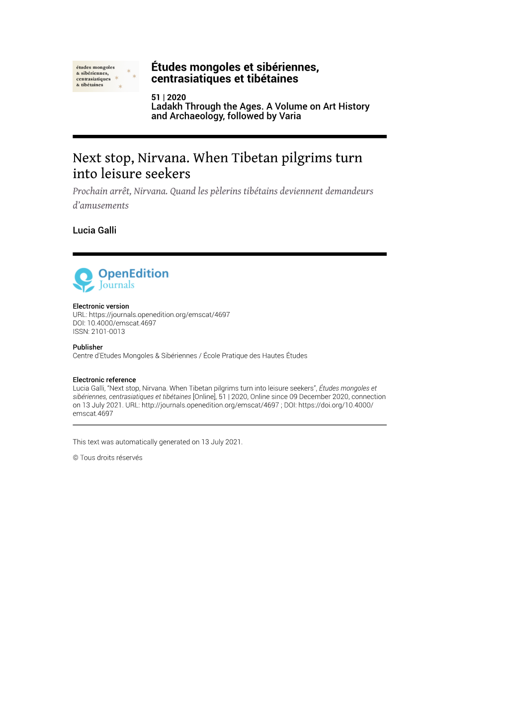 Études Mongoles Et Sibériennes, Centrasiatiques Et Tibétaines, 51 | 2020 Next Stop, Nirvana
