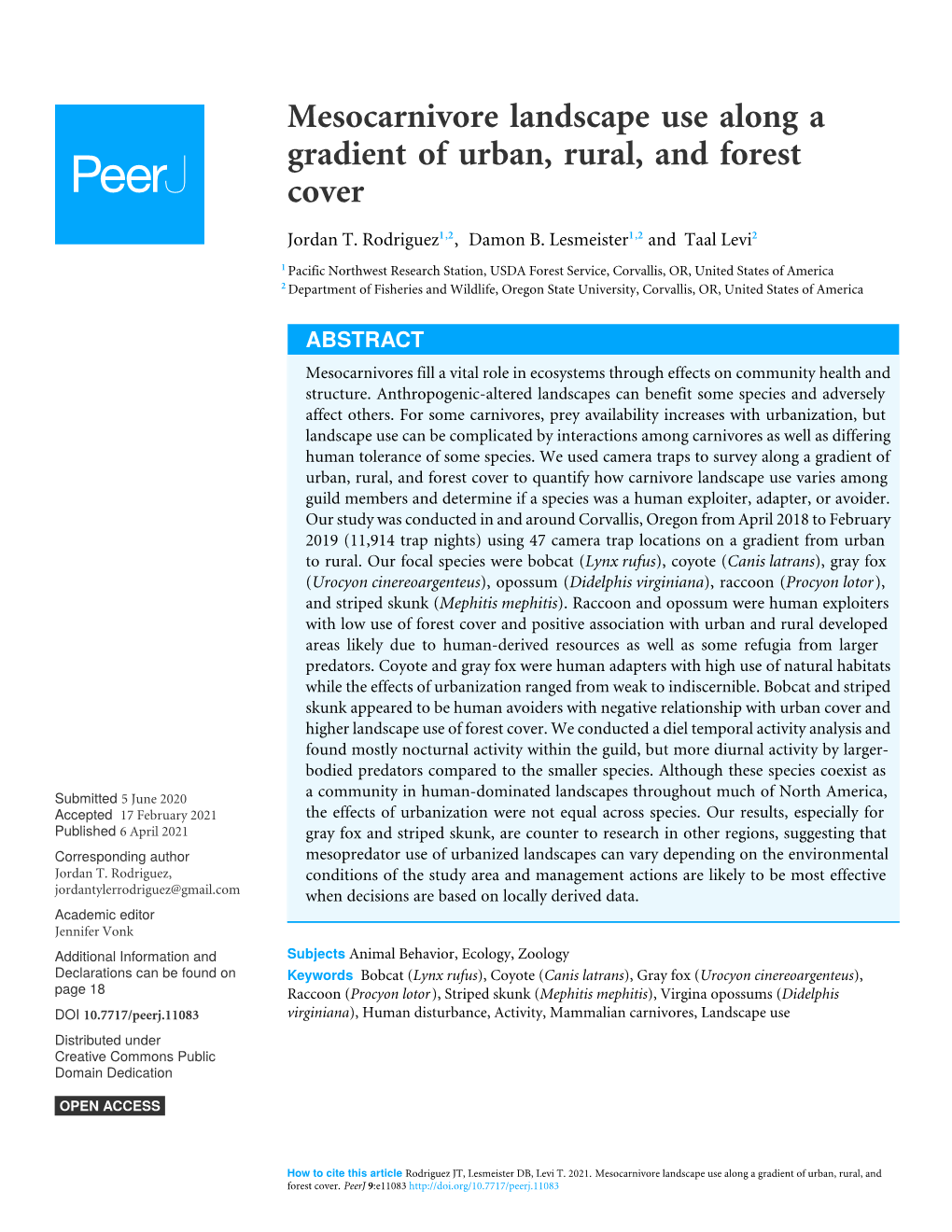 Mesocarnivore Landscape Use Along a Gradient of Urban, Rural, and Forest Cover