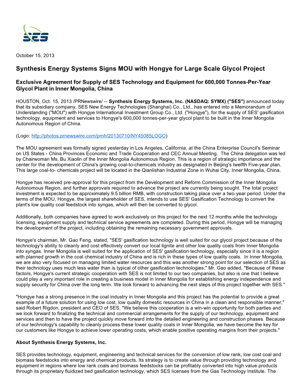 Synthesis Energy Systems Signs MOU with Hongye for Large Scale Glycol Project