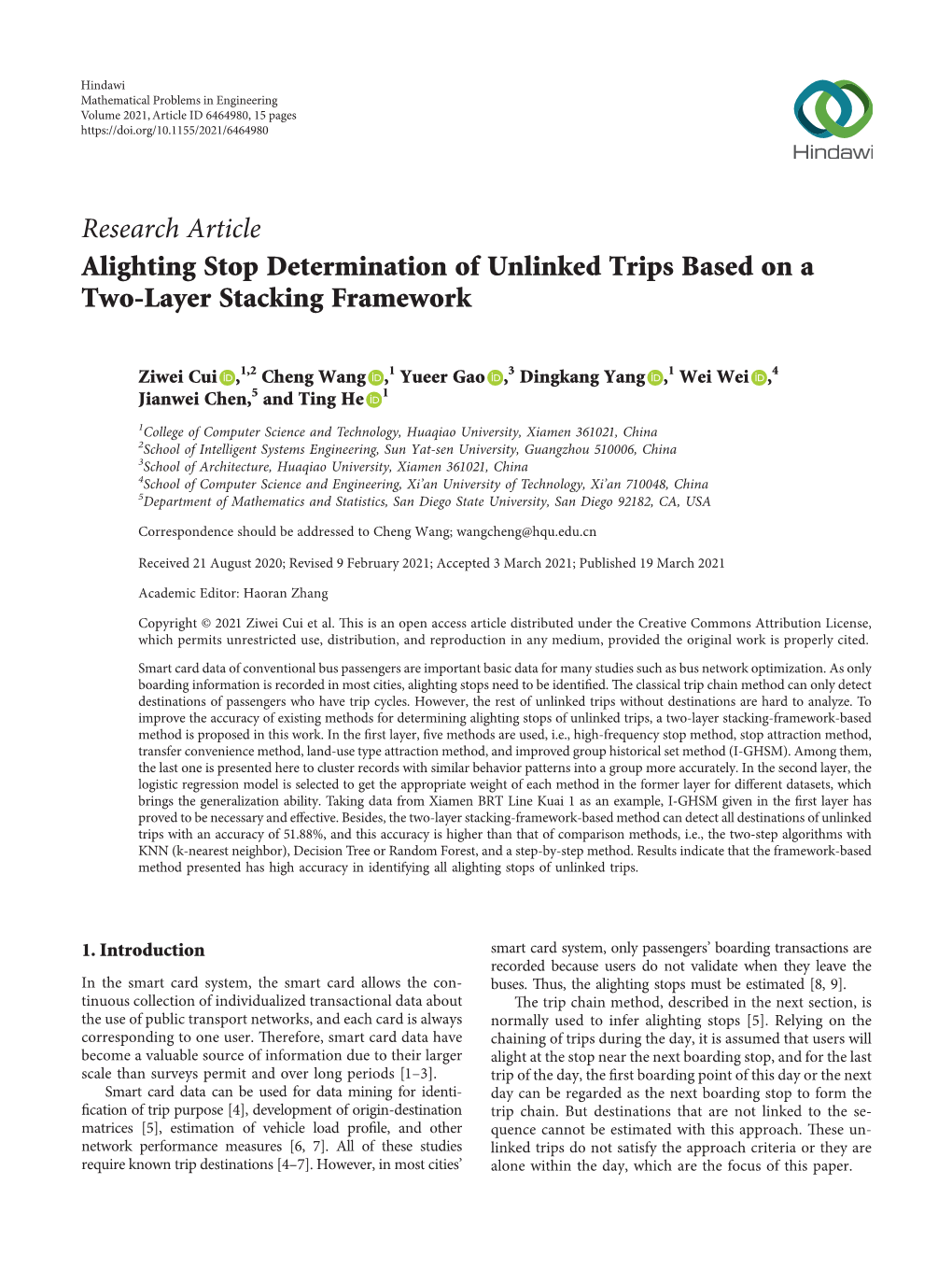 Alighting Stop Determination of Unlinked Trips Based on a Two-Layer Stacking Framework