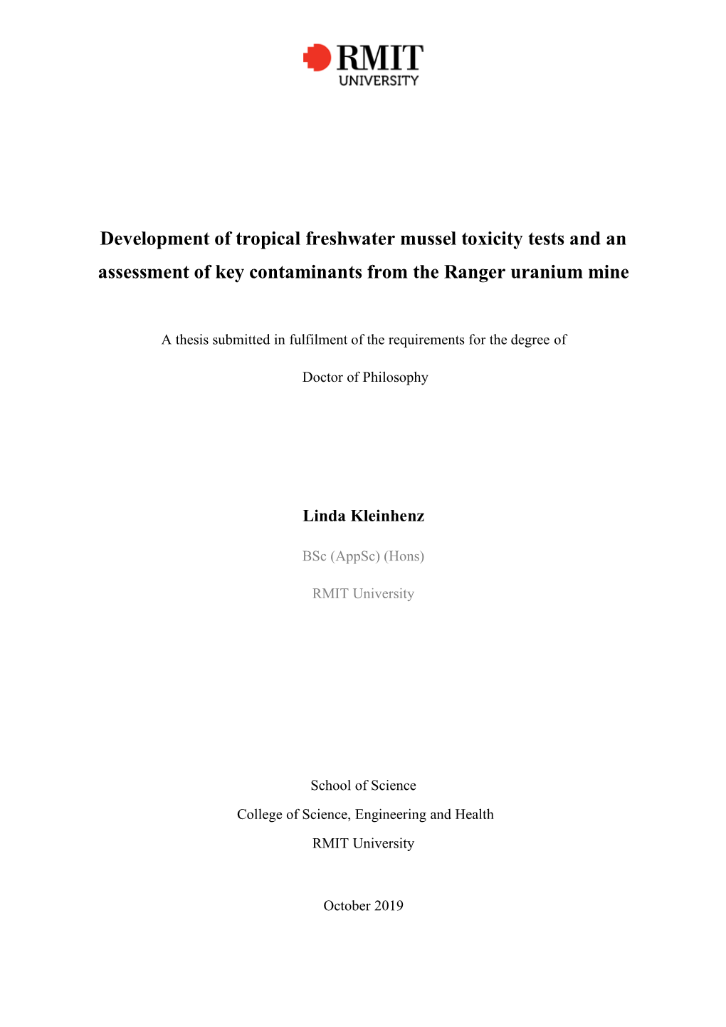 Development of Tropical Freshwater Mussel Toxicity Tests and an Assessment of Key Contaminants from the Ranger Uranium Mine