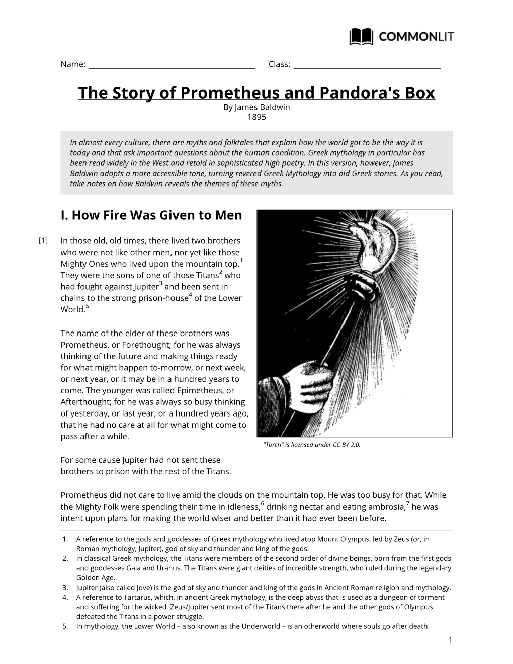 Commonlit | the Story of Prometheus and Pandora's