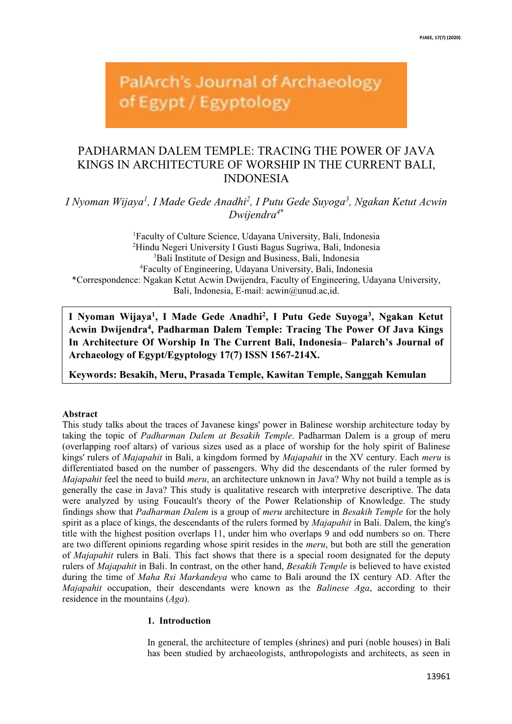 Padharman Dalem Temple: Tracing the Power of Java Kings in Architecture of Worship in the Current Bali, Indonesia