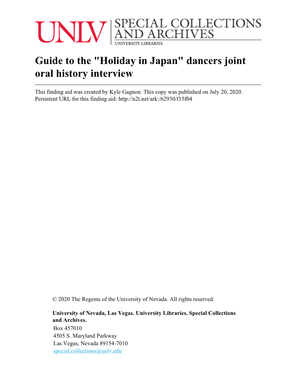 Guide to the "Holiday in Japan" Dancers Joint Oral History Interview