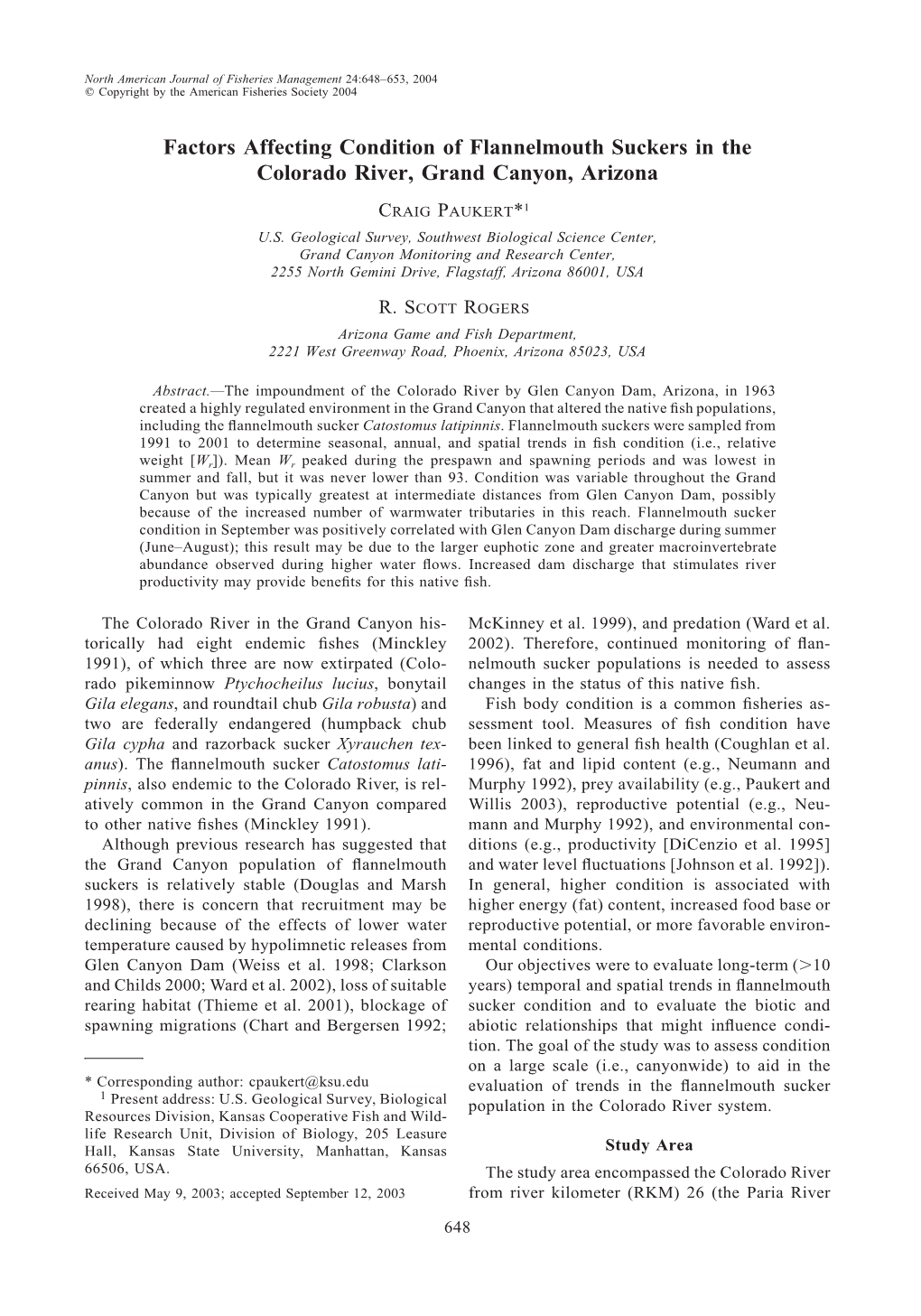 Factors Affecting Condition of Flannelmouth Suckers in the Colorado River, Grand Canyon, Arizona