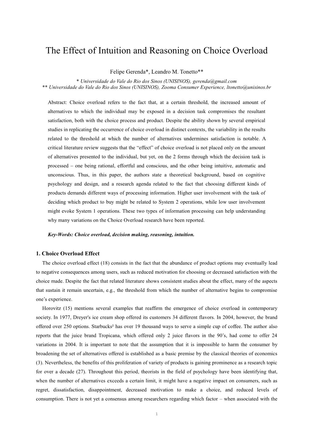 The Effect of Intuition and Reasoning on Choice Overload