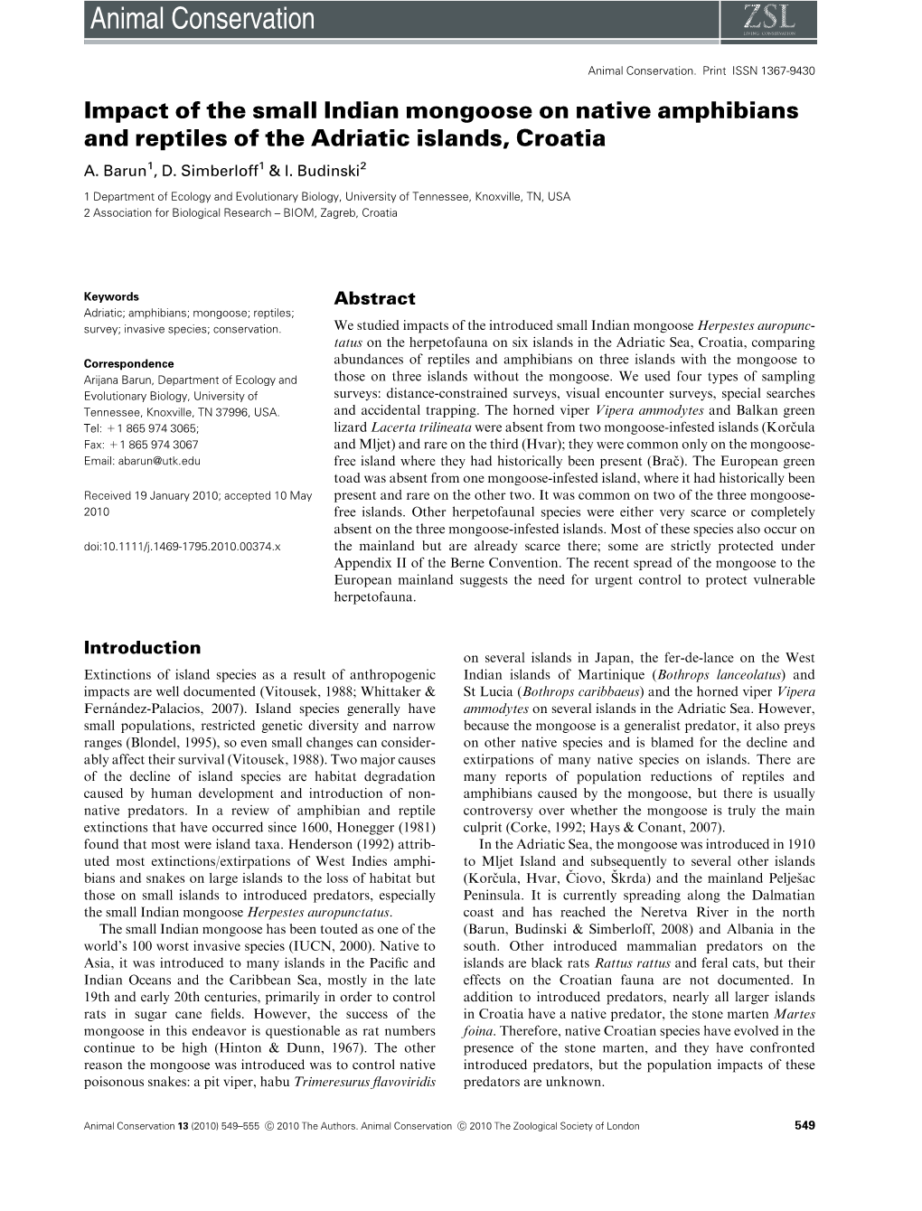 Impact of the Small Indian Mongoose on Native Amphibians and Reptiles of the Adriatic Islands, Croatia A