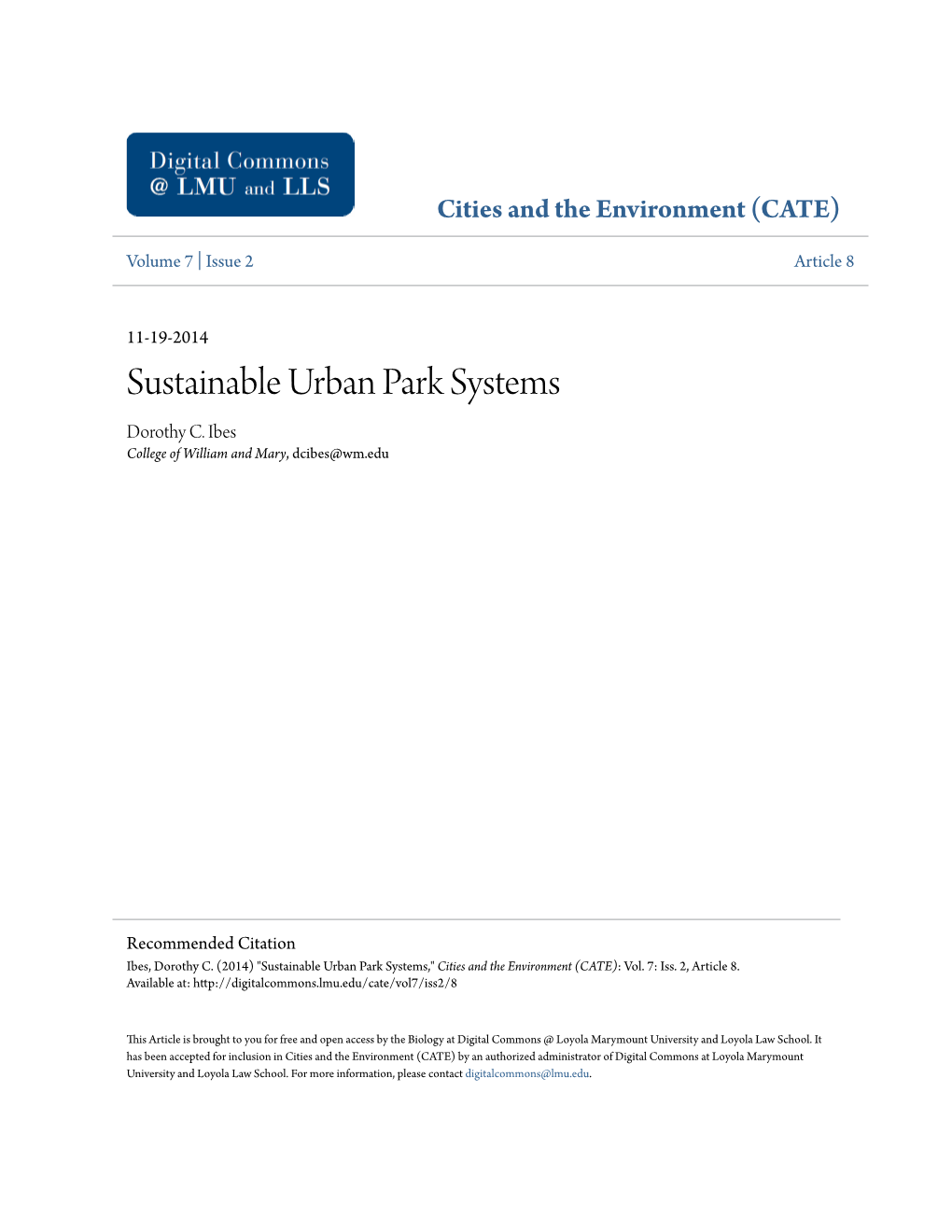 Sustainable Urban Park Systems Dorothy C