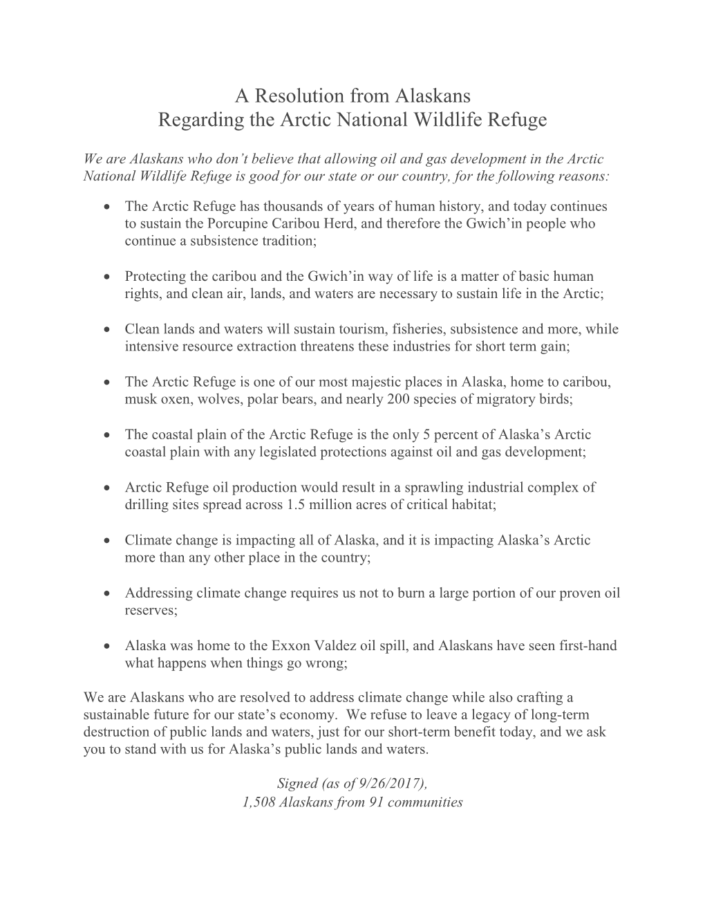 A Resolution from Alaskans Regarding the Arctic National Wildlife Refuge