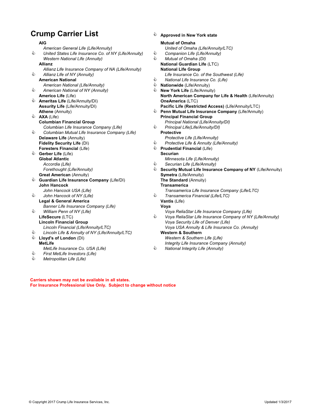 Crump Carrier List