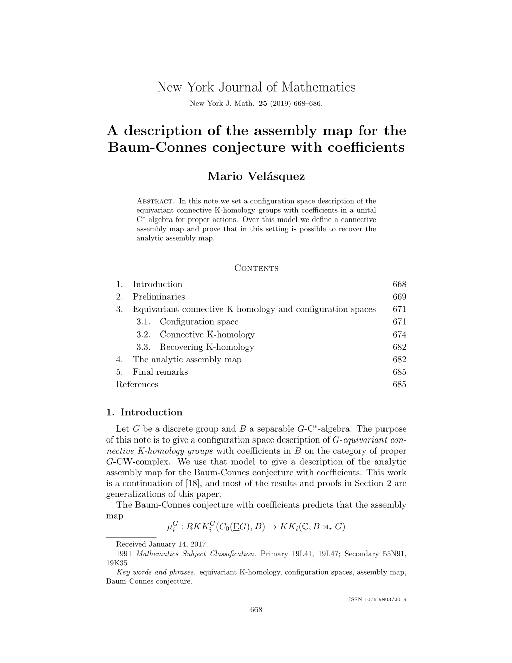 New York Journal of Mathematics a Description of the Assembly Map For