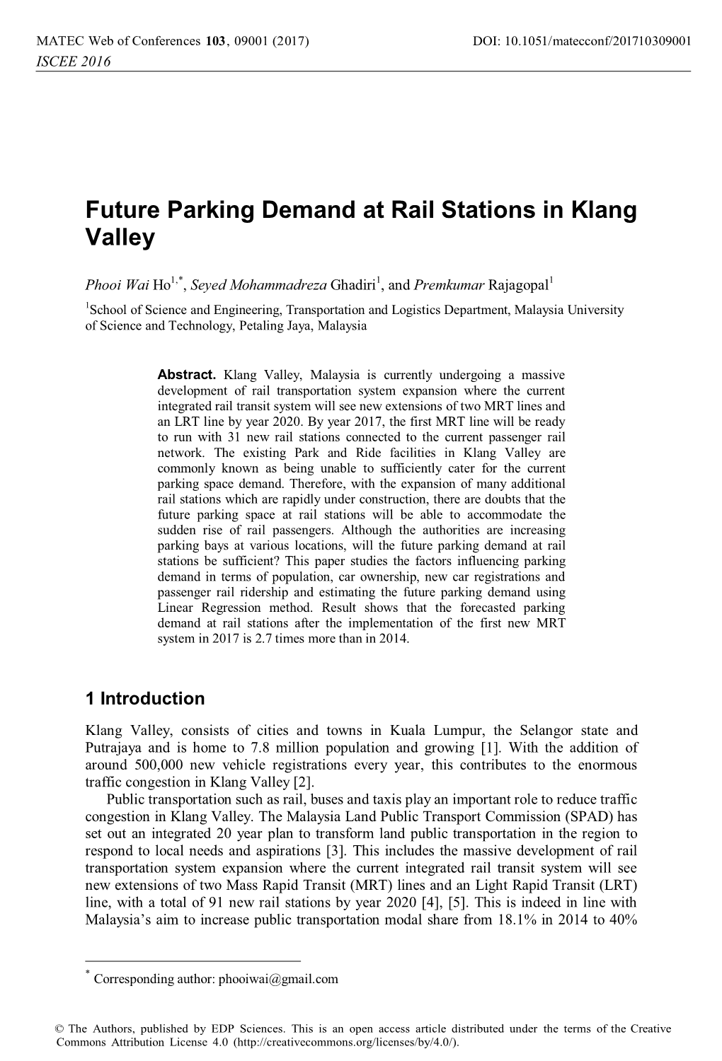 Future Parking Demand at Rail Stations in Klang Valley