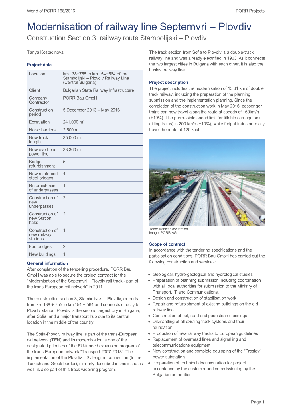 Modernisation of Railway Line Septemvri – Plovdiv Construction Section 3, Railway Route Stambolijski – Plovdiv