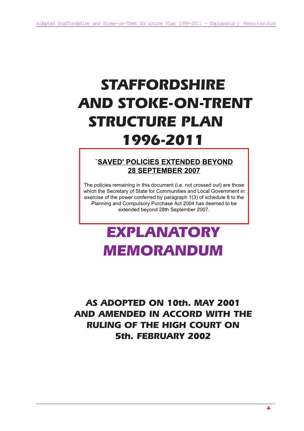 Staffordshire and Stoke-On-Trent Structure Plan 1996-2011