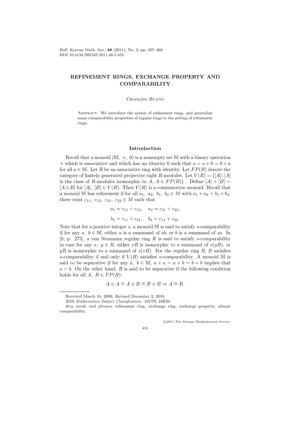 Refinement Rings, Exchange Property and Comparability