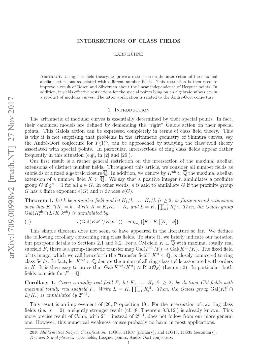 Arxiv:1709.00998V2 [Math.NT] 27 Nov 2017 Hoe 1