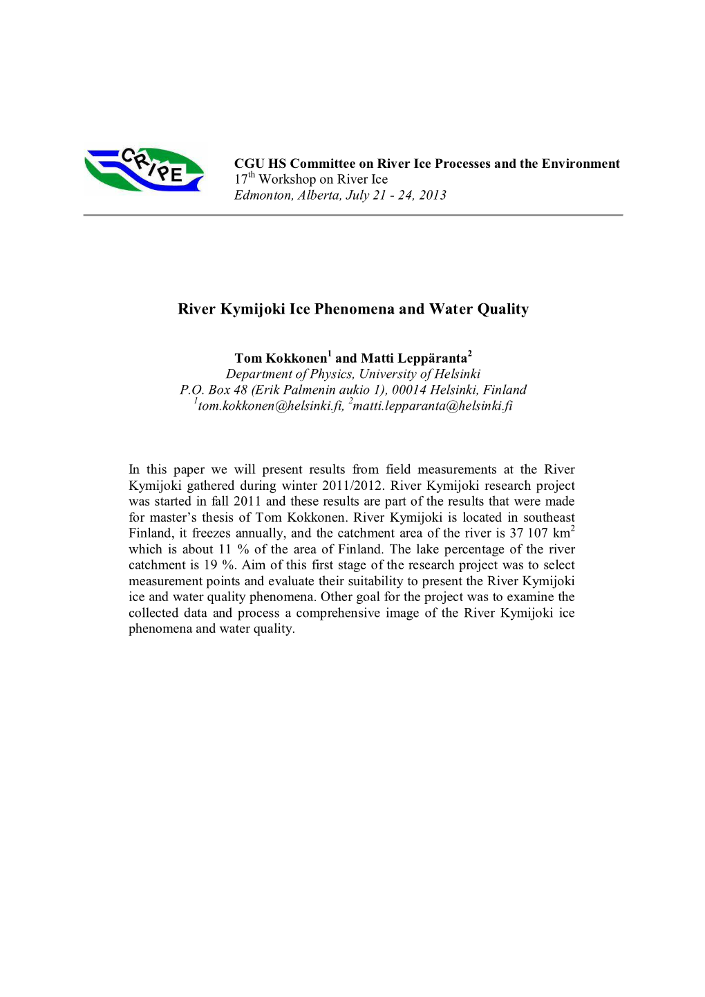 River Kymijoki Ice Phenomena and Water Quality