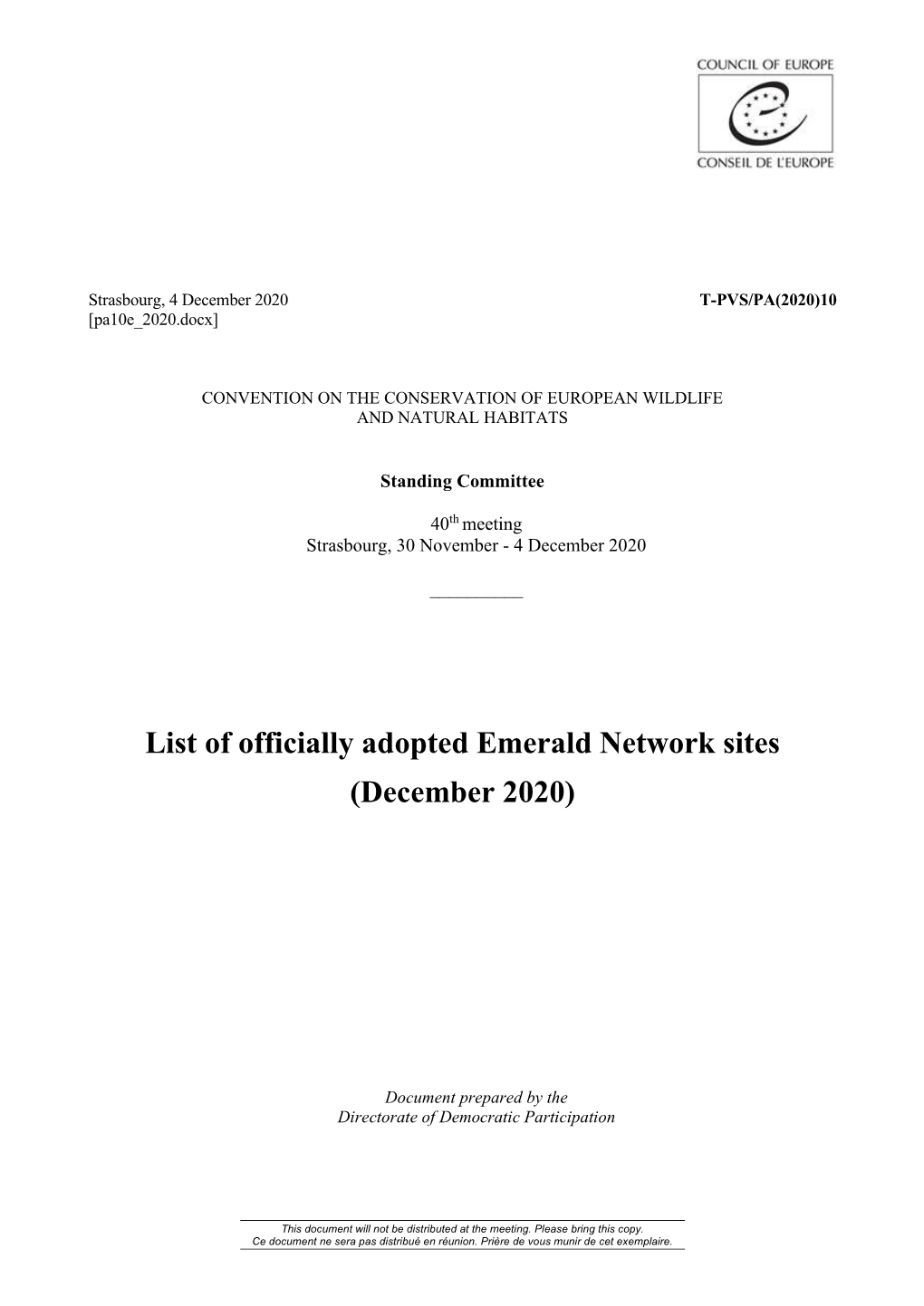 List of Officially Adopted Emerald Sites
