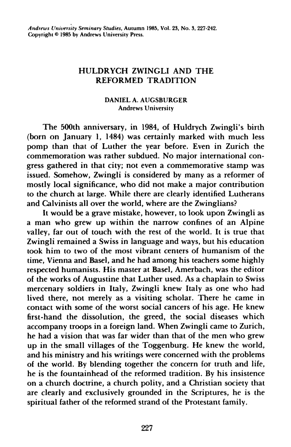 Huldrych Zwingli and the Reformed Tradition