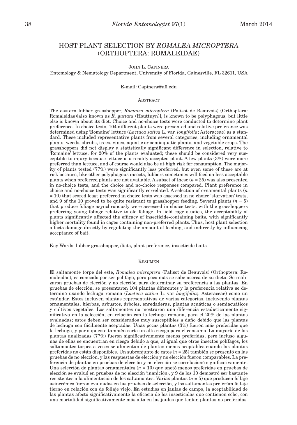 Host Plant Selection by Romalea Microptera (Orthoptera: Romaleidae)