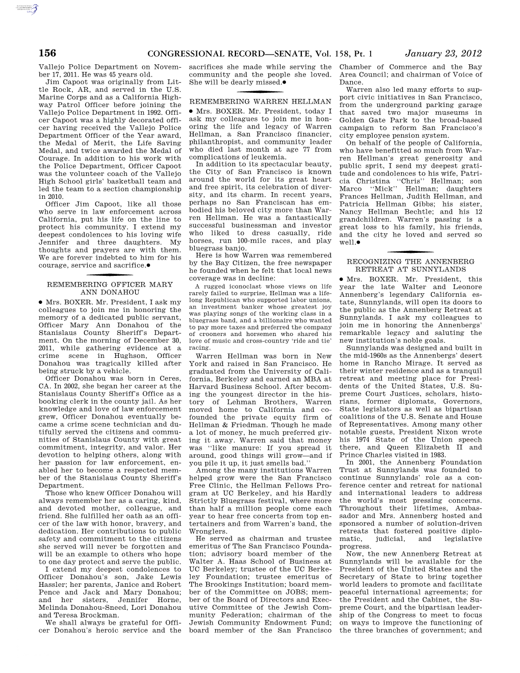 CONGRESSIONAL RECORD—SENATE, Vol. 158, Pt. 1