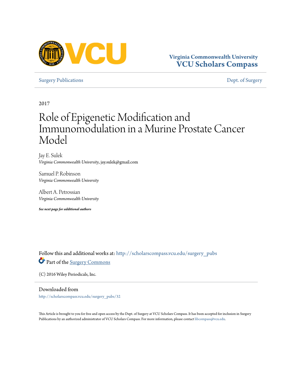 Role of Epigenetic Modification and Immunomodulation in a Murine Prostate Cancer Model Jay E