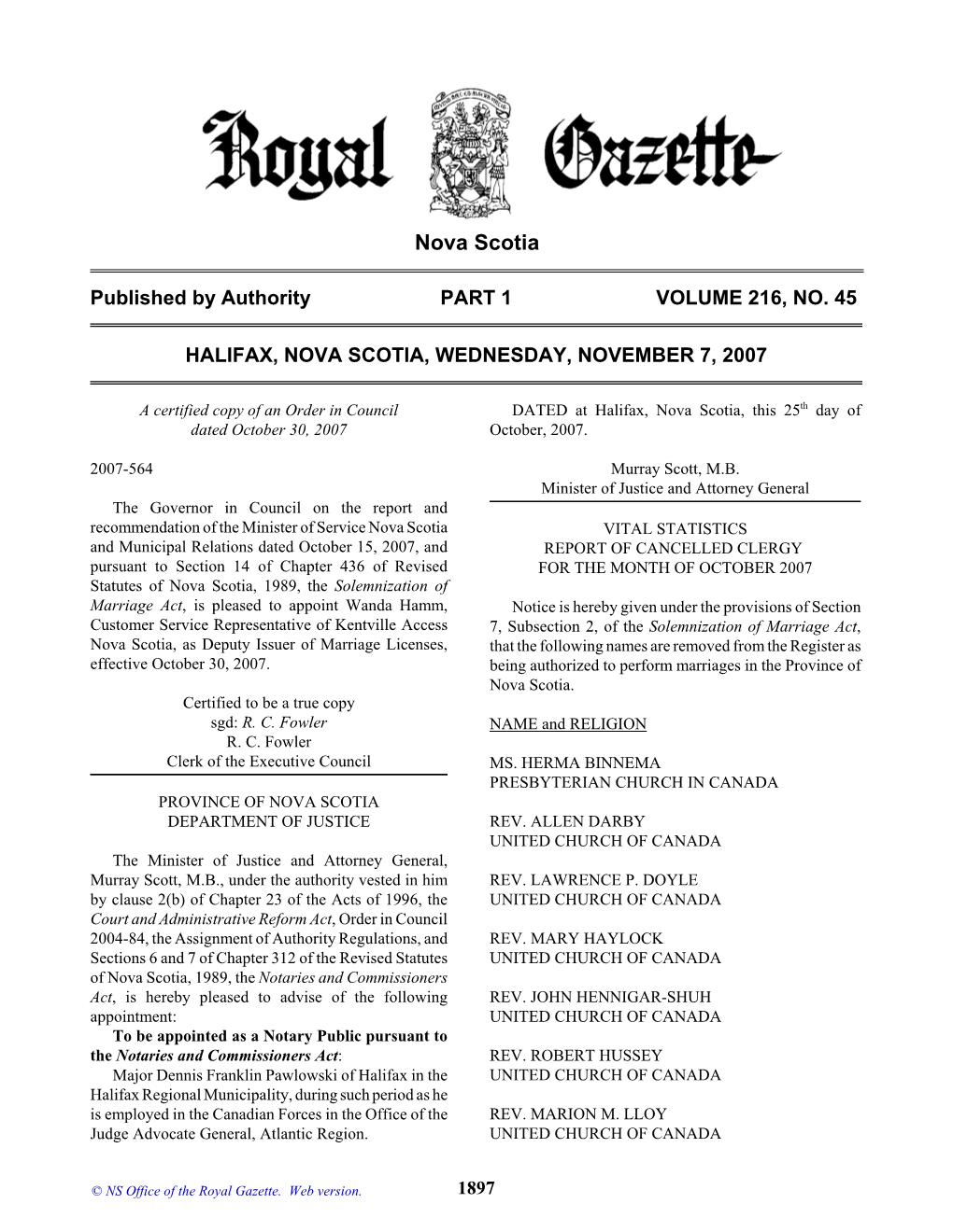 NS Royal Gazette Part I