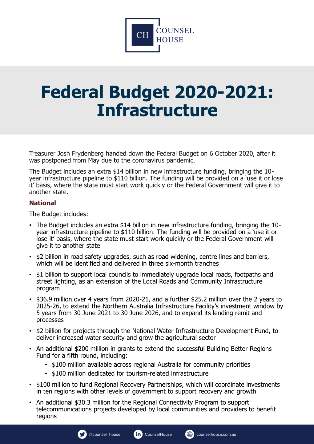 Federal Budget 2020-2021: Infrastructure