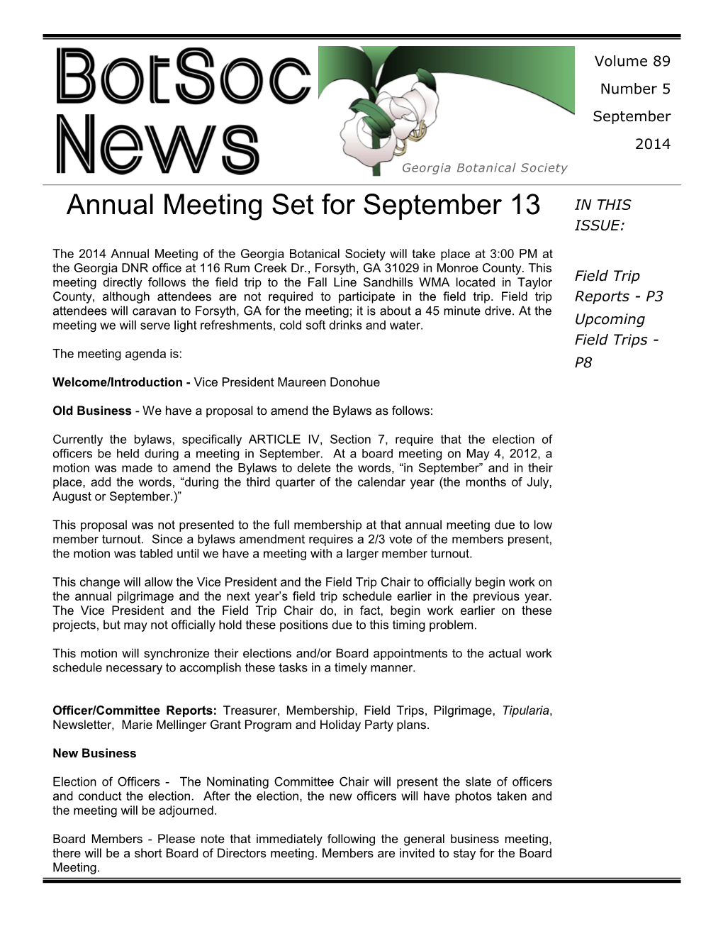 Annual Meeting Set for September 13 in THIS ISSUE