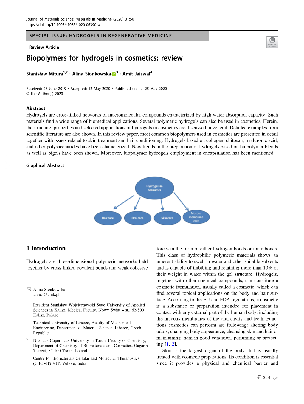 Biopolymers for Hydrogels in Cosmetics: Review