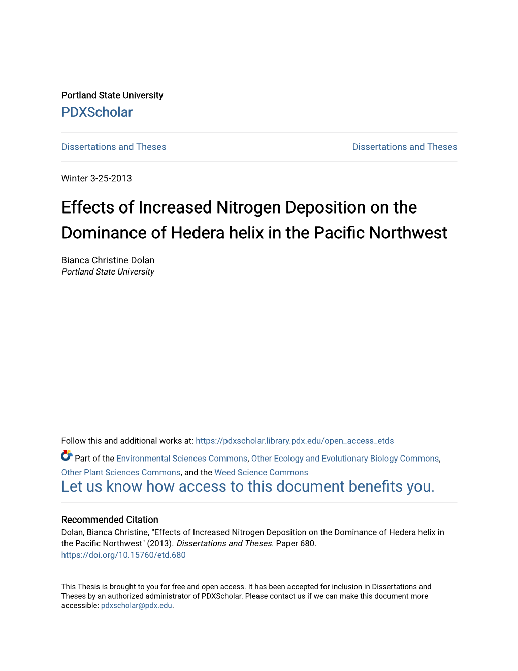 Effects of Increased Nitrogen Deposition on the Dominance of Hedera Helix in the Pacific Northwest