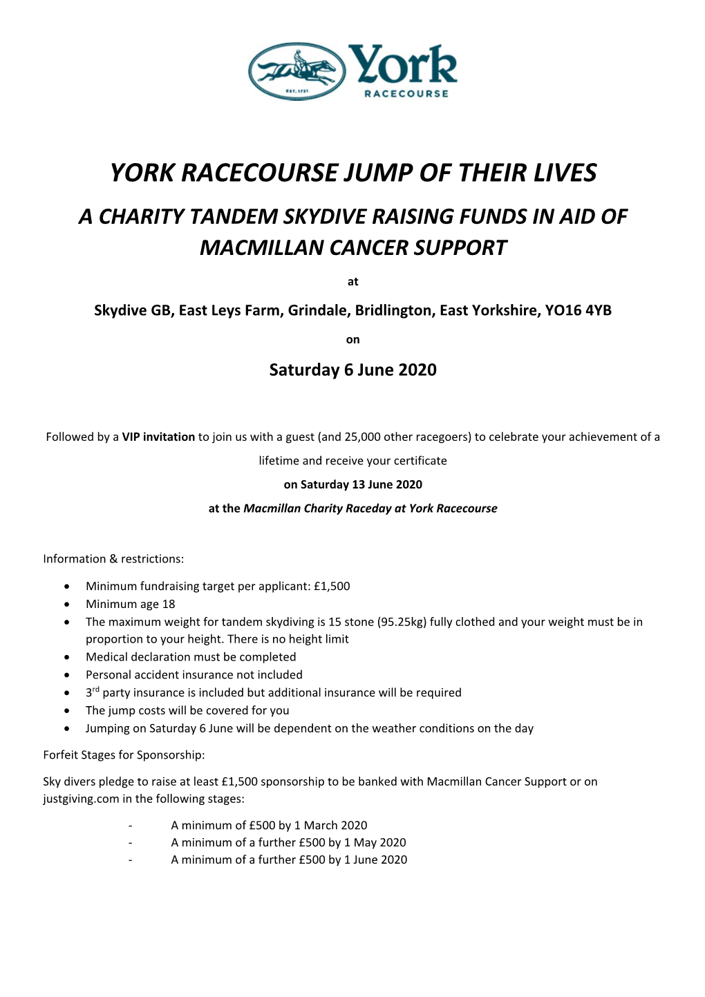 York Racecourse Jump of Their Lives a Charity Tandem Skydive Raising Funds in Aid of Macmillan Cancer Support