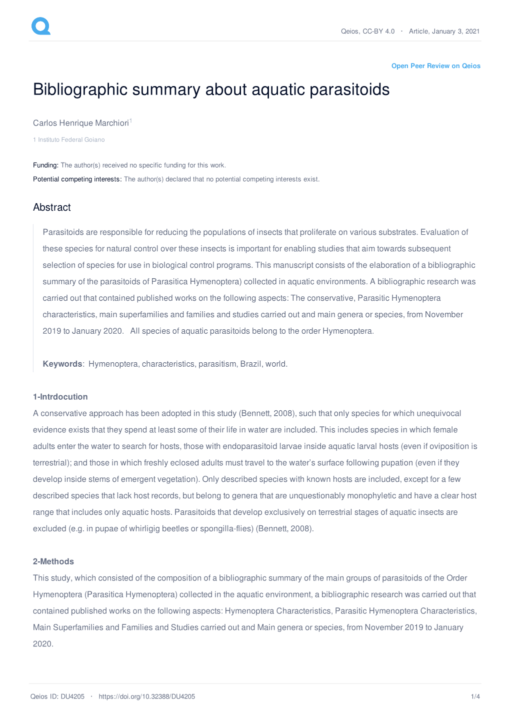 Bibliographic Summary About Aquatic Parasitoids