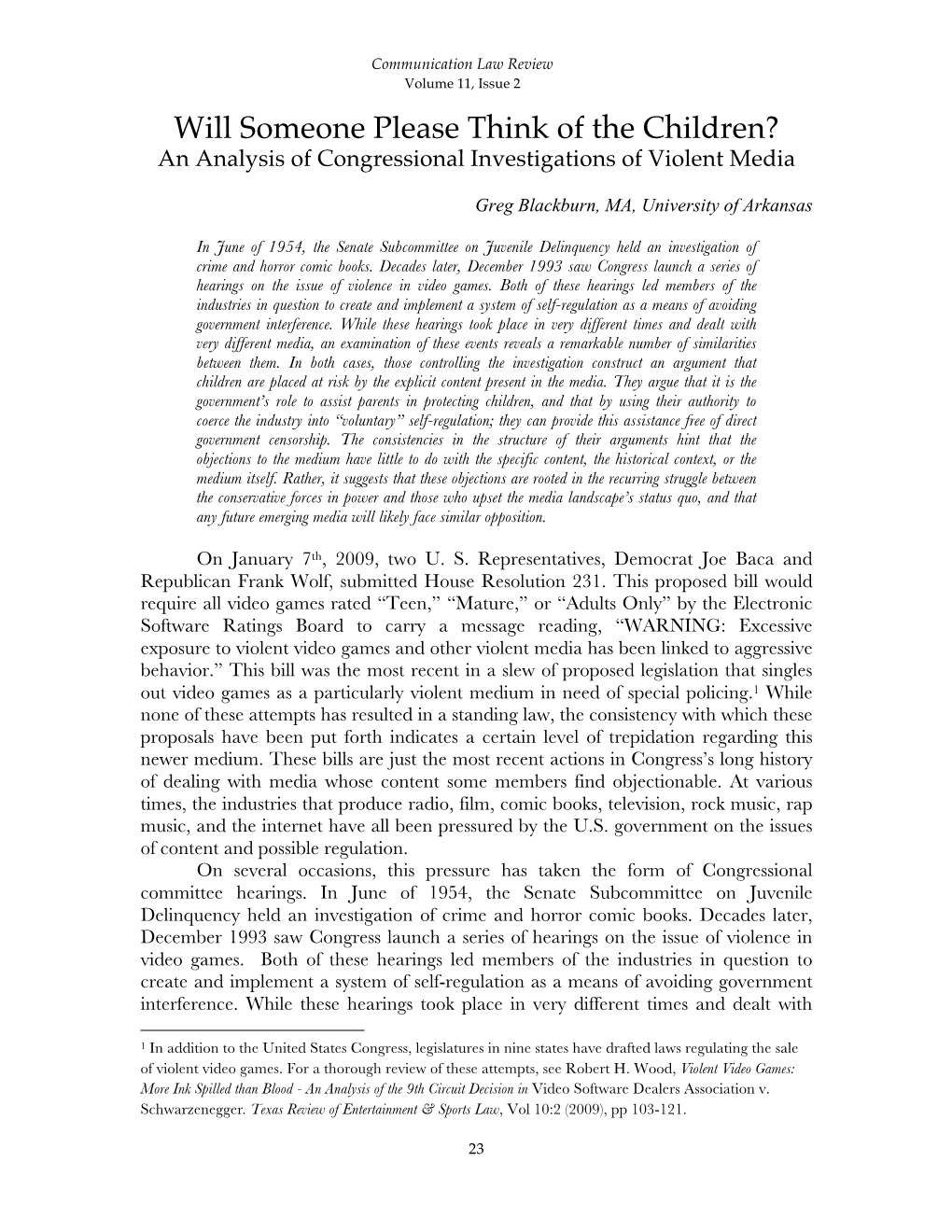 Will Someone Please Think of the Children? an Analysis of Congressional Investigations of Violent Media